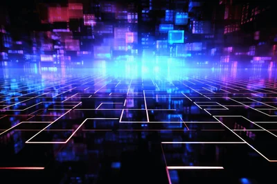 Abstract Digital Cyberspace Grid With Glowing Neon Data