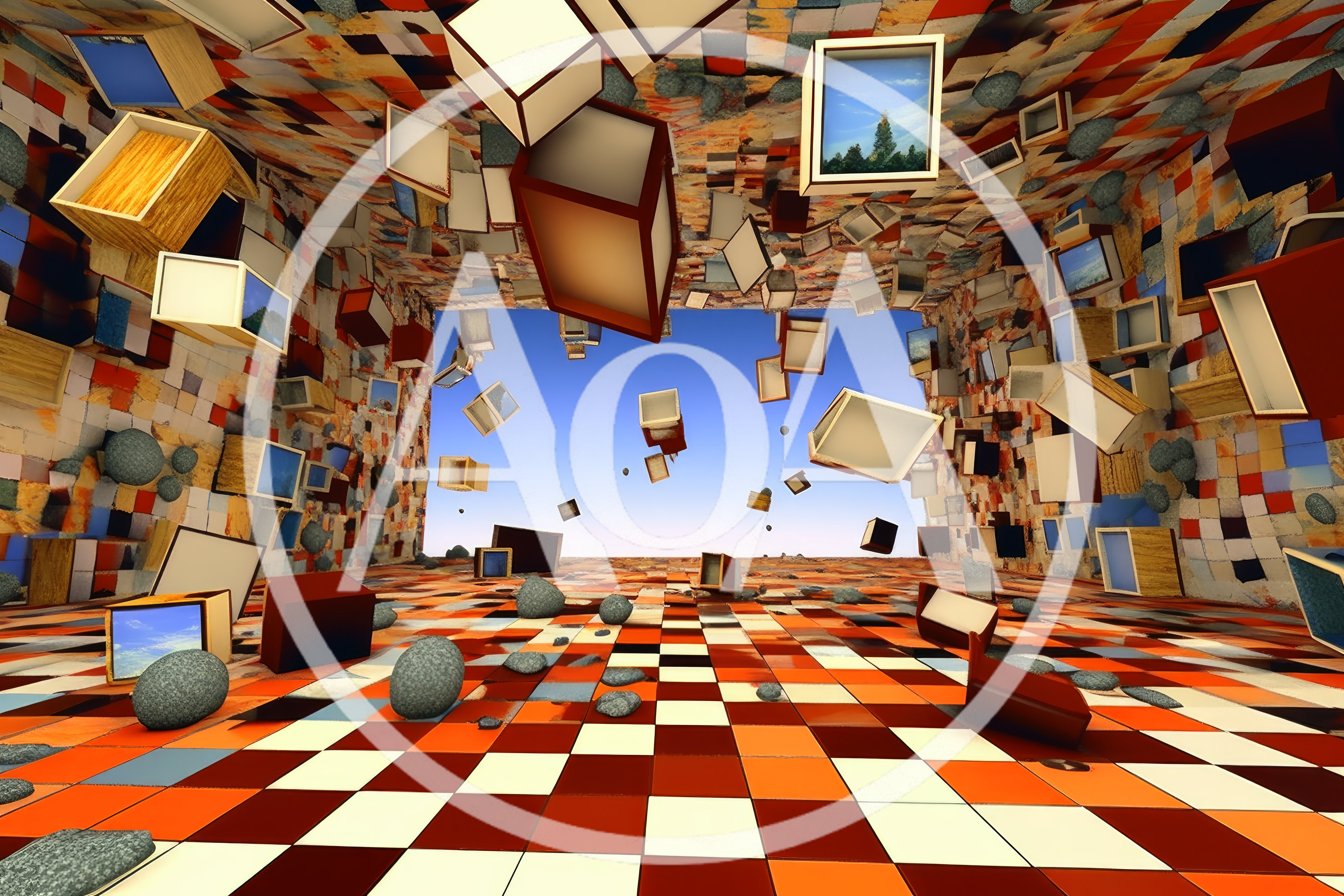 Surreal Room With Floating Cubes And Checkerboard Floor