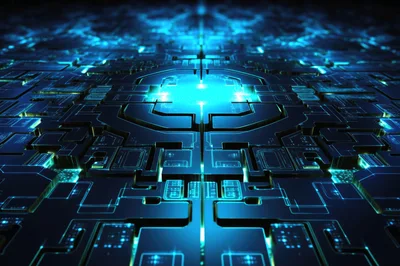 Futuristic Digital Circuit Board With Glowing Blue Light