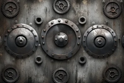 Industrial Metal Wall With Rotating Gears And Circular Plates
