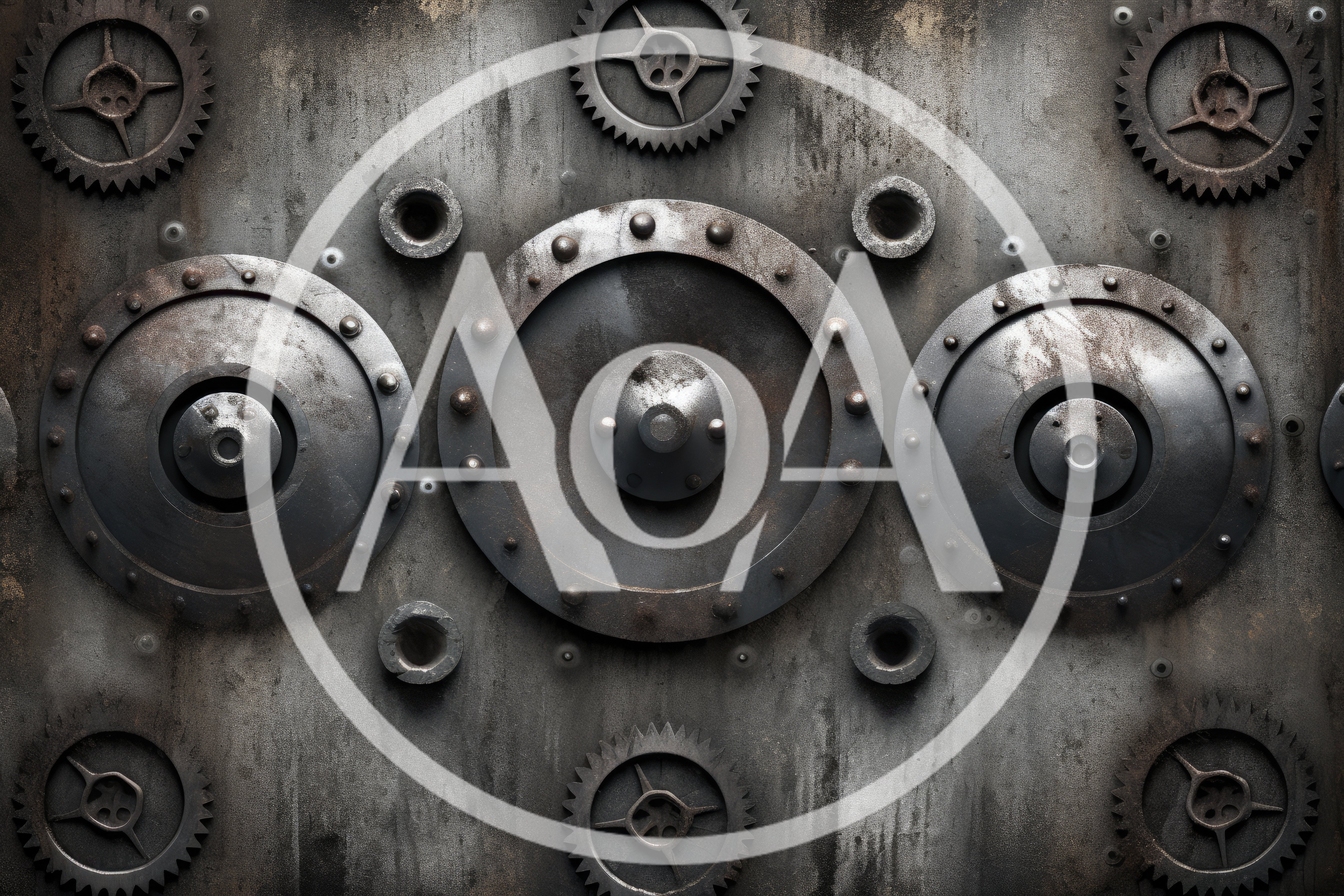 Industrial Metal Wall With Rotating Gears And Circular Plates