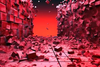 Abstract Red Wall Crumbling Into Debris