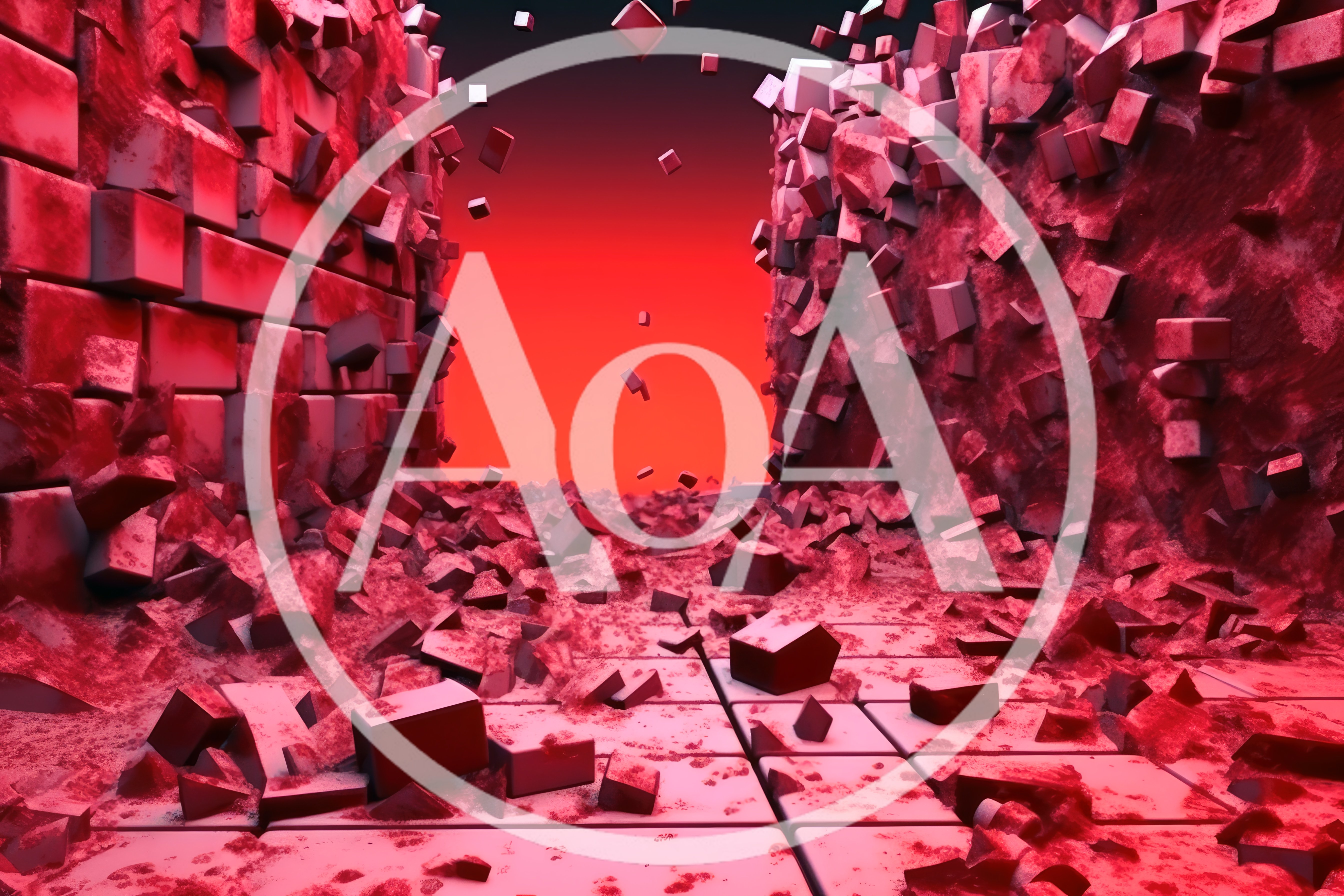 Abstract Red Wall Crumbling Into Debris