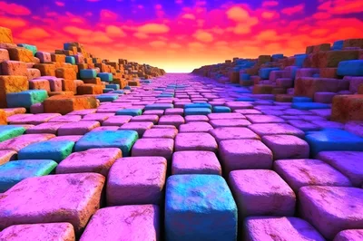 Surreal Landscape Of Colorful Stone Cubes Under Vibrant Sky