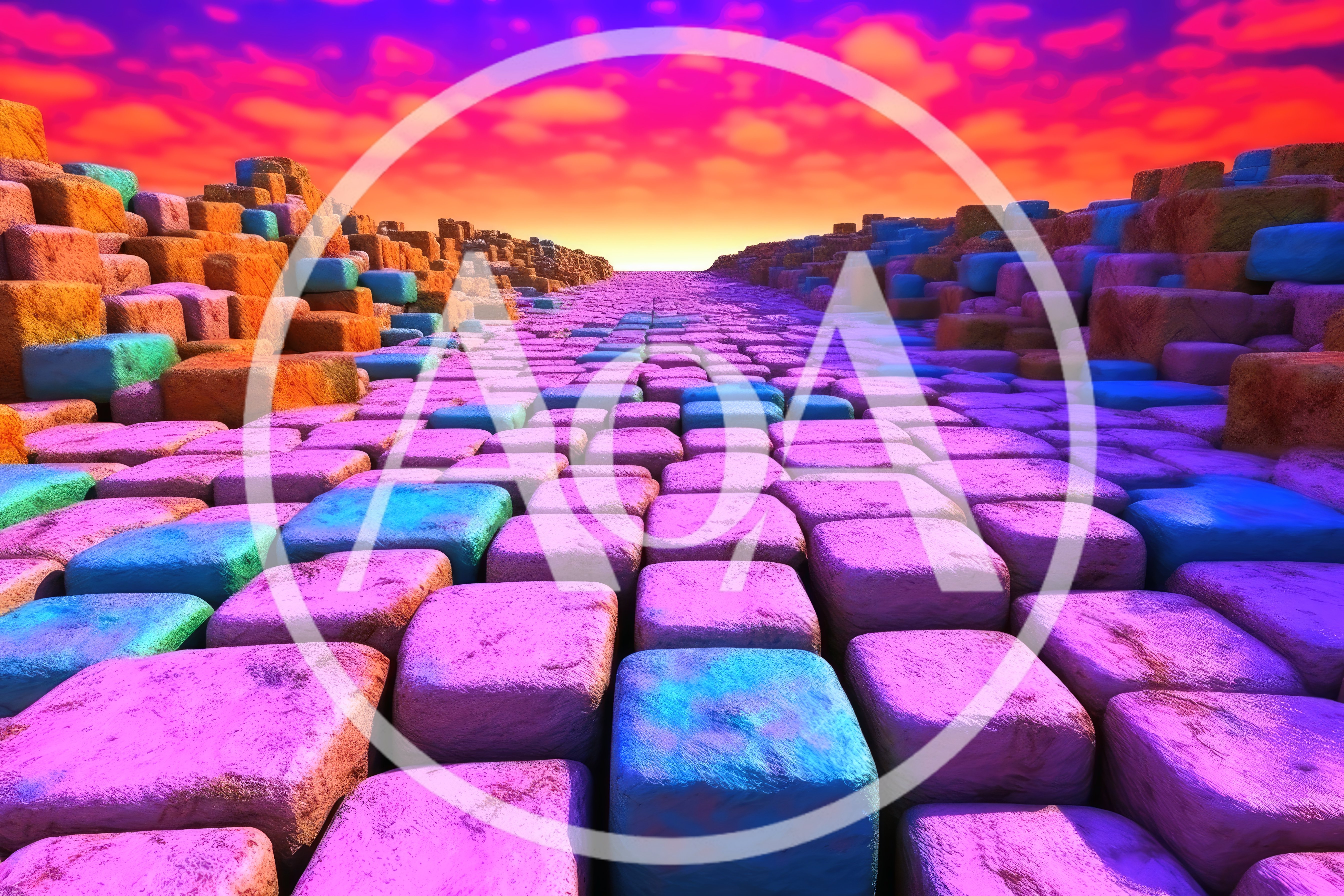 Surreal Landscape Of Colorful Stone Cubes Under Vibrant Sky