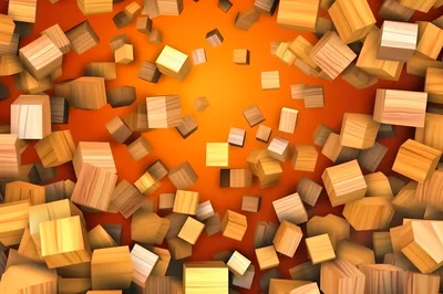 Abstract Floating Wooden Cubes On Orange Background