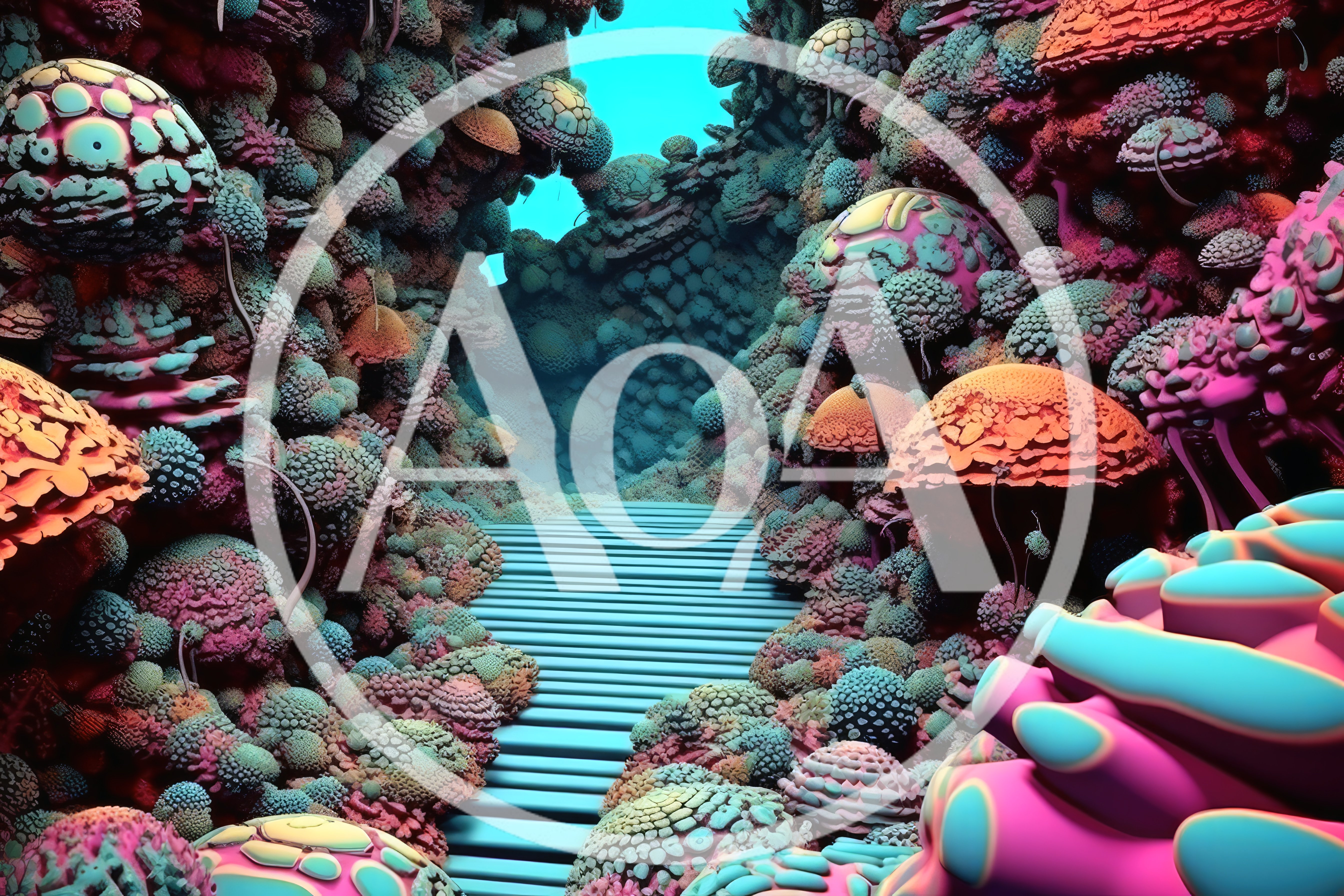 Surreal Underwater Pathway Through Vibrant Coral Reef