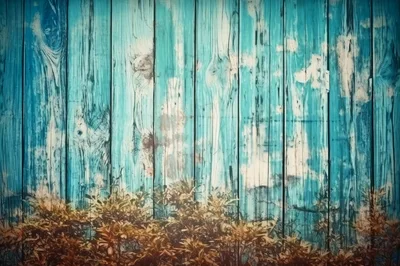 Rustic Teal Painted Wooden Planks With Autumn Foliage