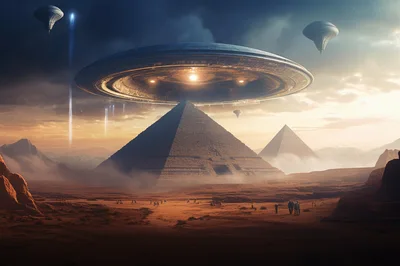 Futuristic Alien Spaceship Hovering Over Ancient Egyptian Pyramids