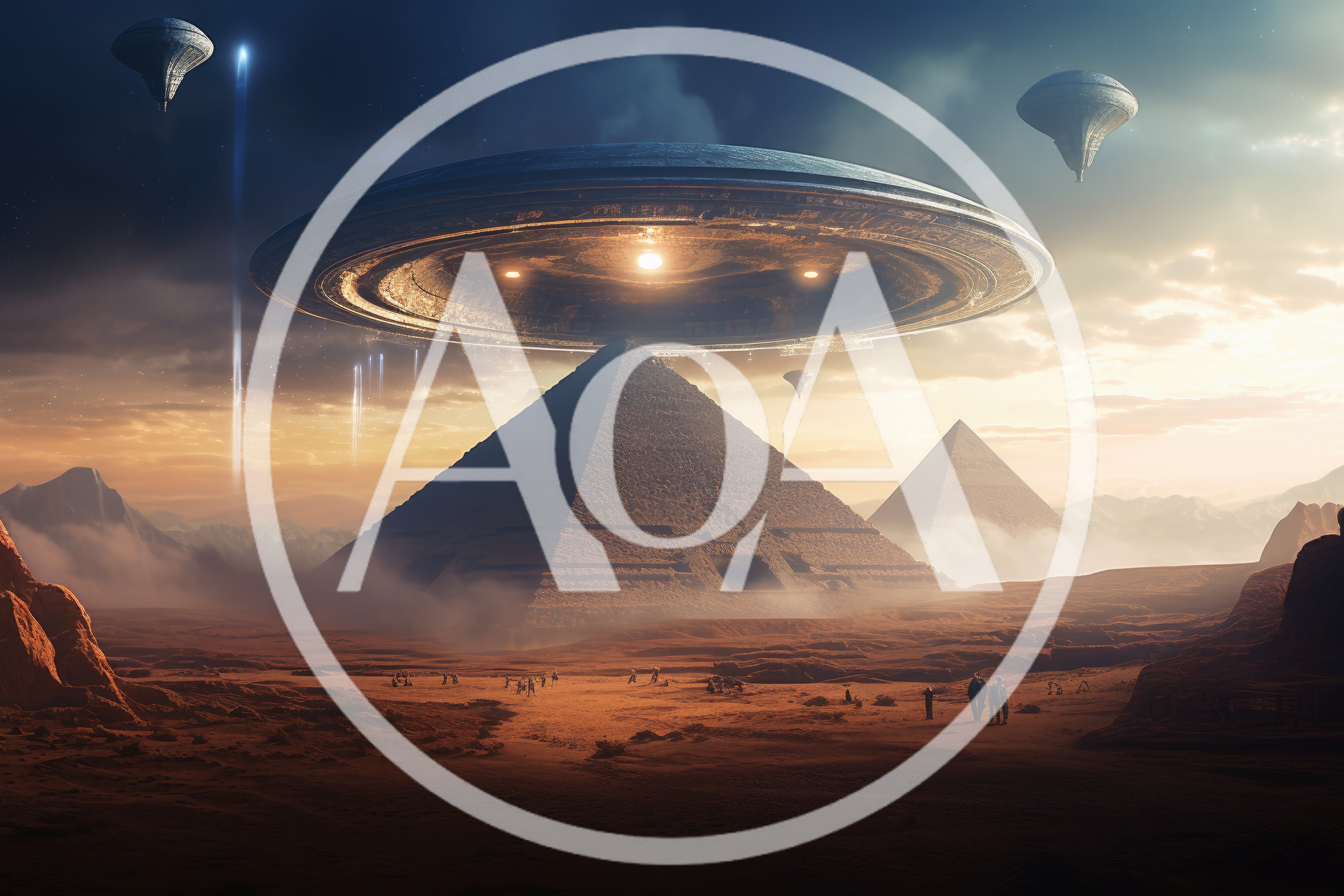 Futuristic Alien Spaceship Hovering Over Ancient Egyptian Pyramids