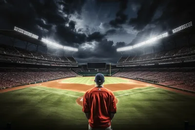 Baseball Player Standing On Field At Night Stadium