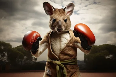 Anthropomorphic Kangaroo Wearing Boxing Gloves And Martial Arts Robe