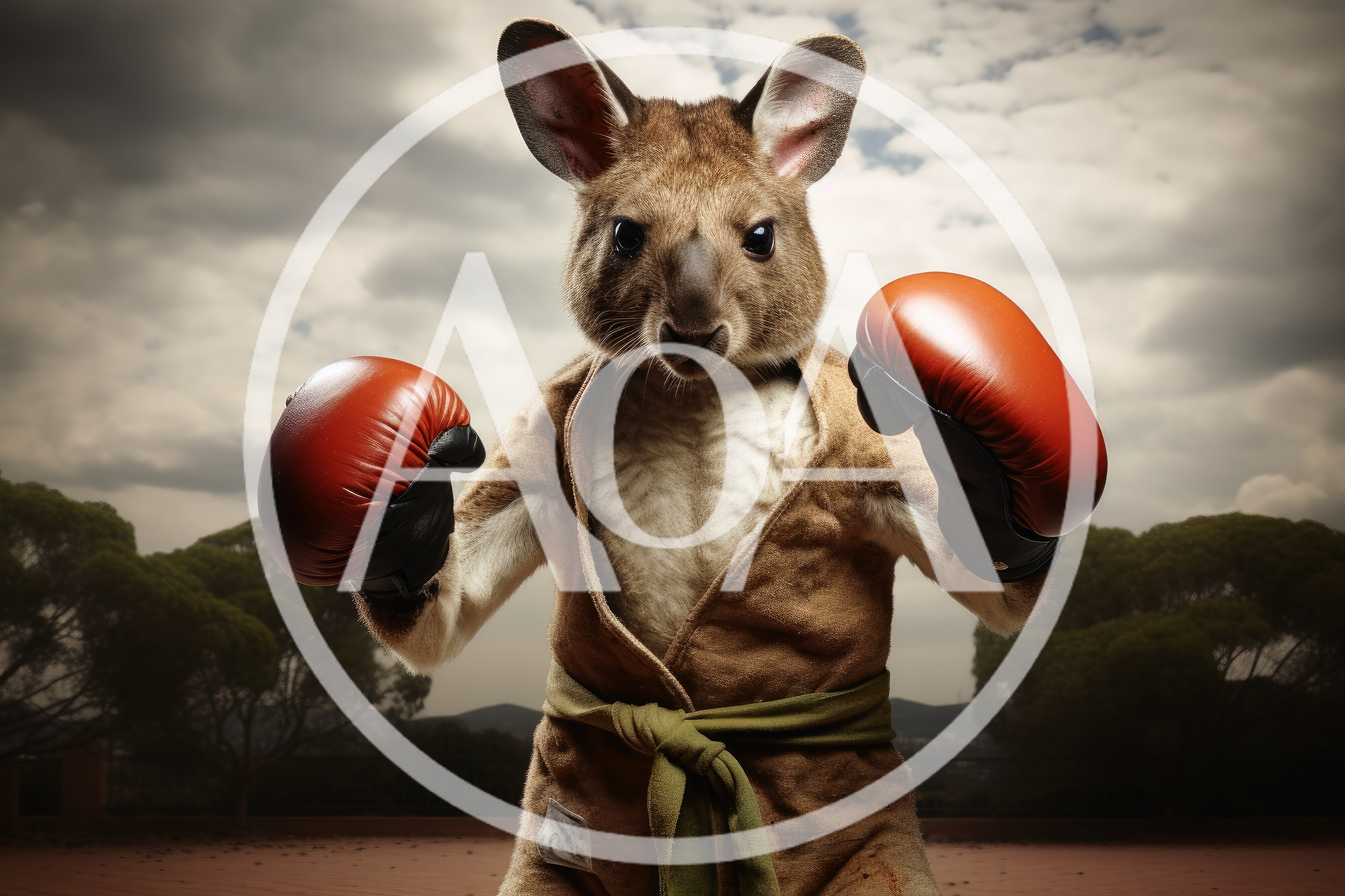 Anthropomorphic Kangaroo Wearing Boxing Gloves And Martial Arts Robe