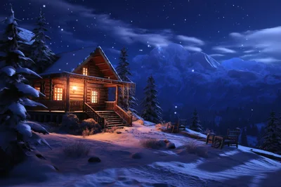 Cozy Log Cabin In Snowy Mountain Landscape At Night