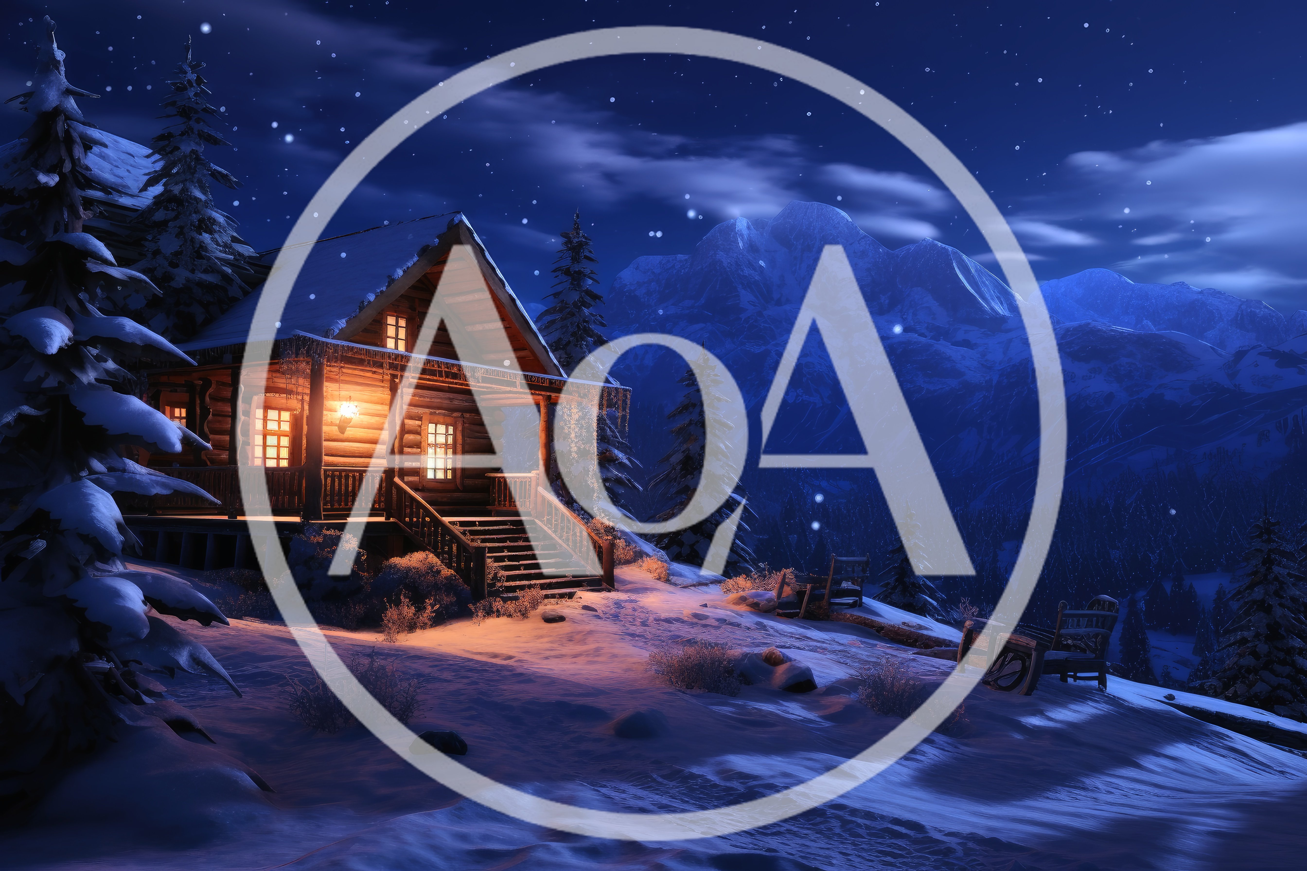 Cozy Log Cabin In Snowy Mountain Landscape At Night