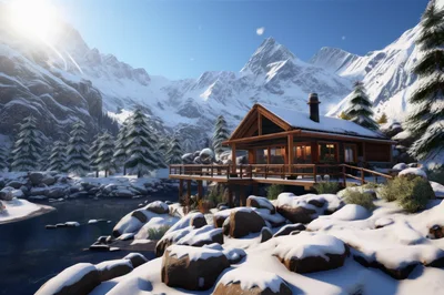 Cozy Wooden Cabin Beside A Frozen Mountain River