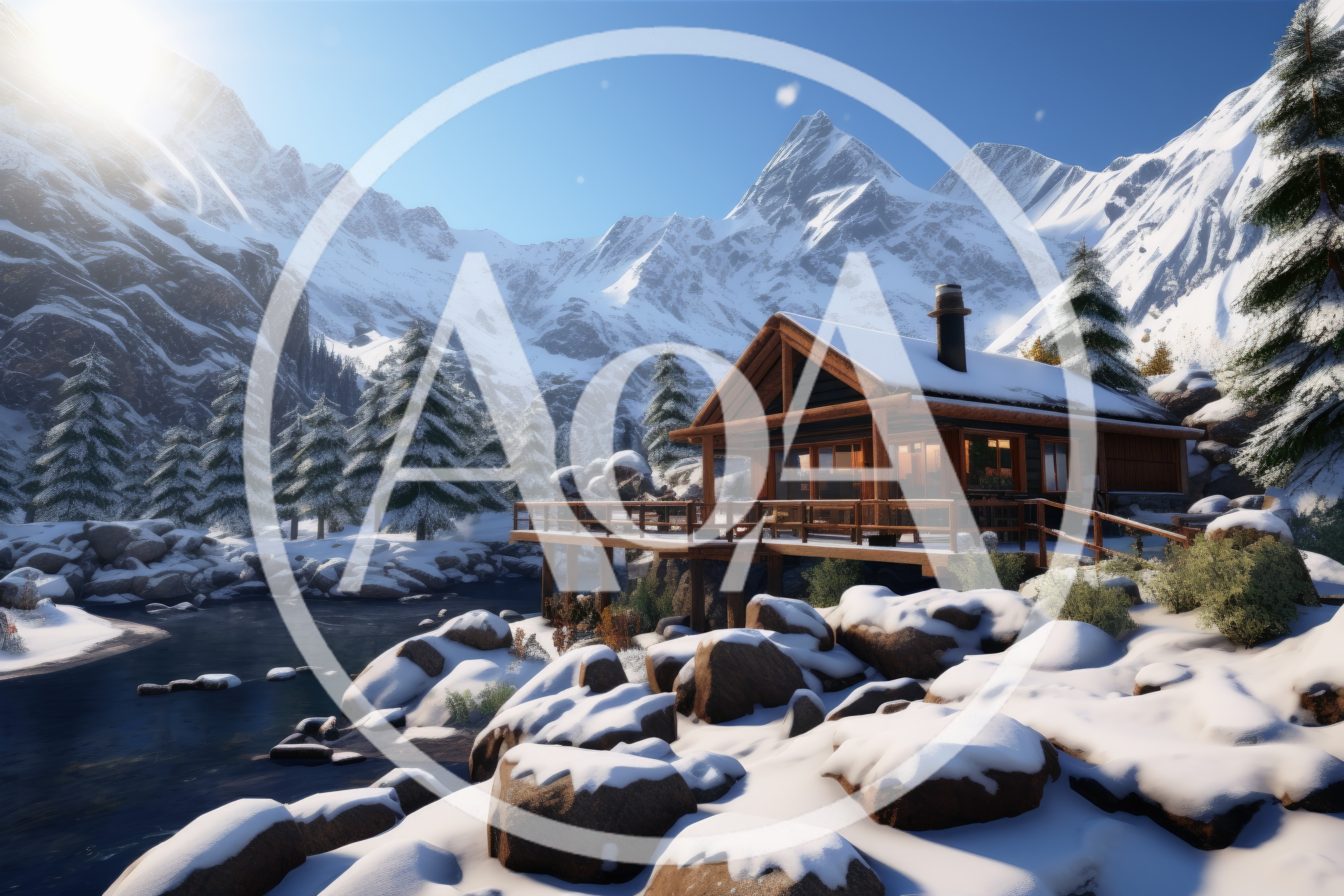 Cozy Wooden Cabin Beside A Frozen Mountain River