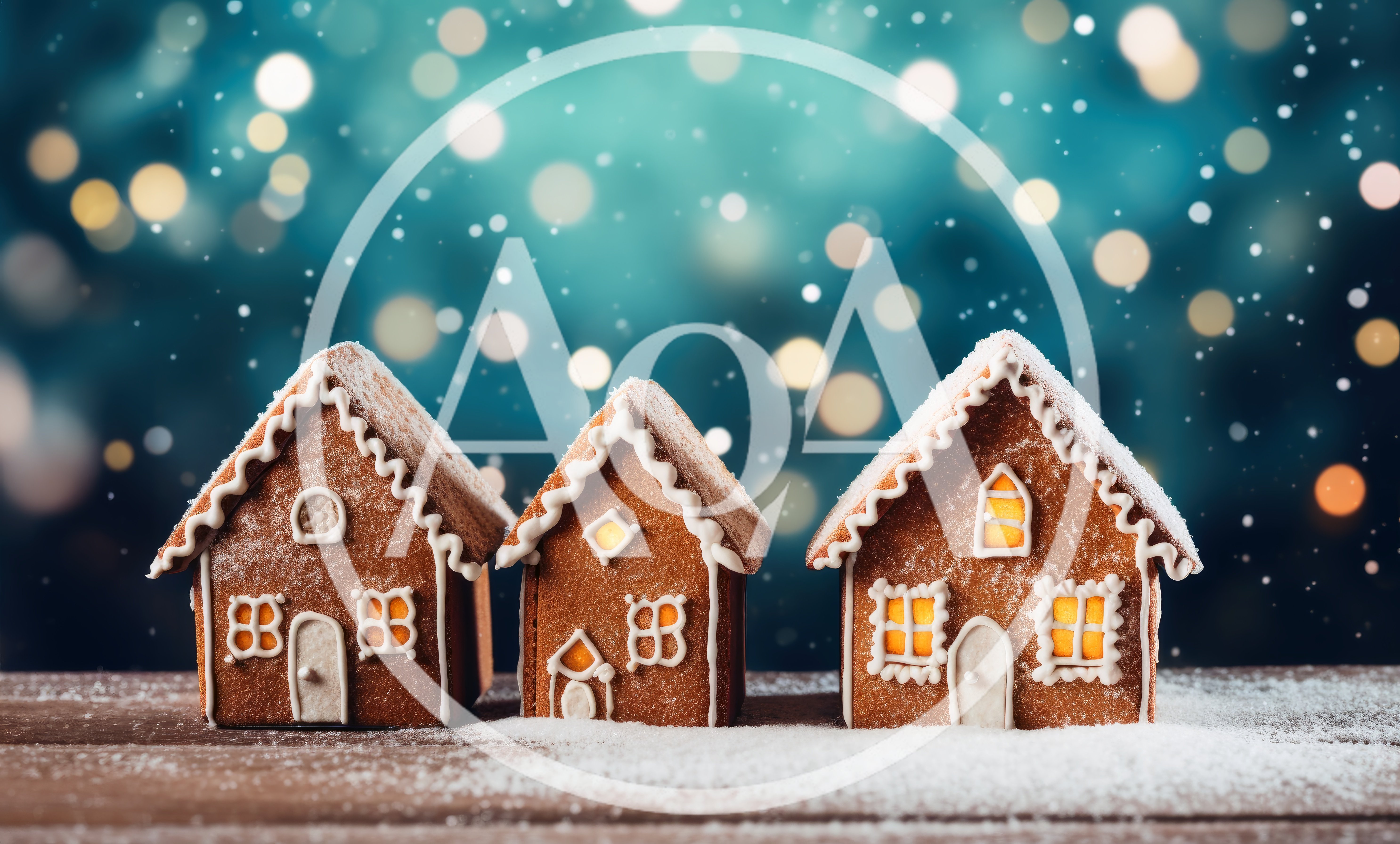 Three Miniature Gingerbread Houses On A Snowy Surface