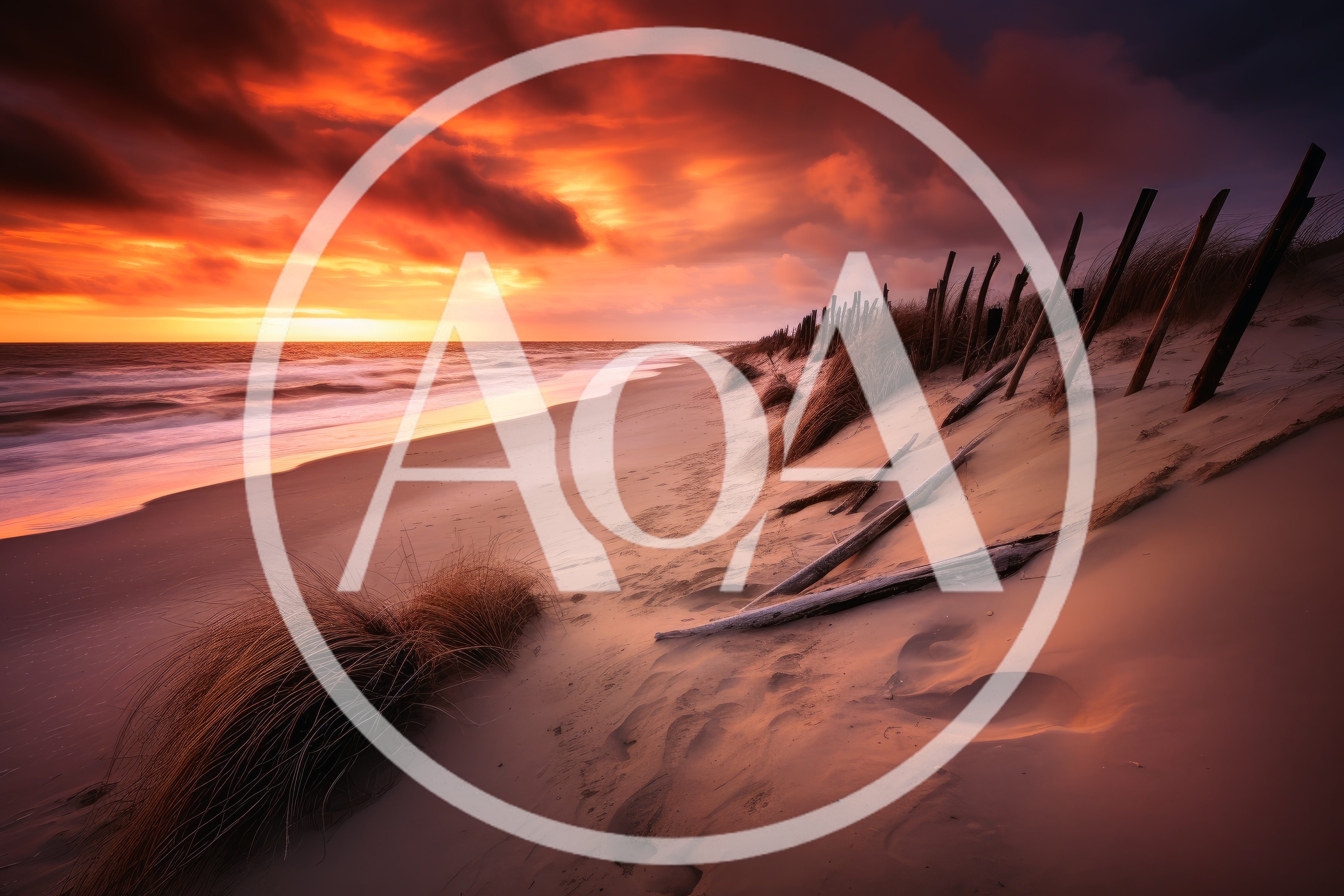 Dramatic Sunset Over Sandy Beach With Driftwood And Dunes