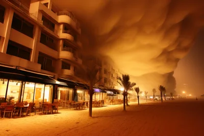Surreal Beachfront Hotel Under Dramatic Golden Storm Clouds