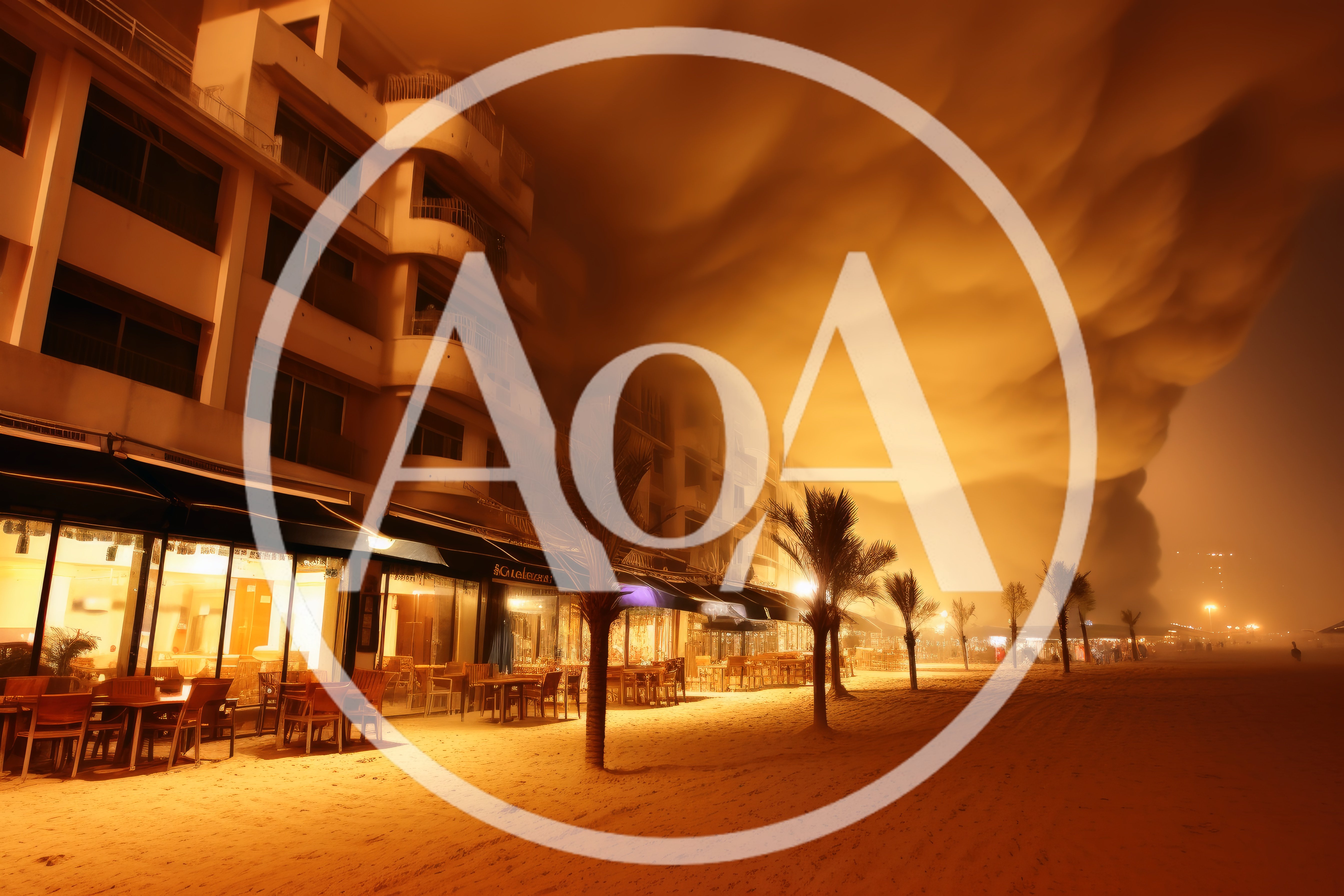 Surreal Beachfront Hotel Under Dramatic Golden Storm Clouds