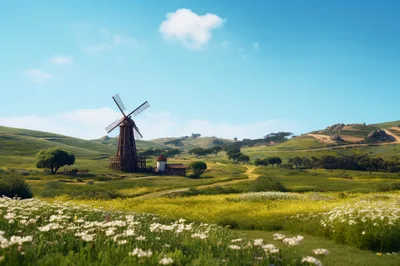Old Wooden Windmill In A Rolling Green Meadow