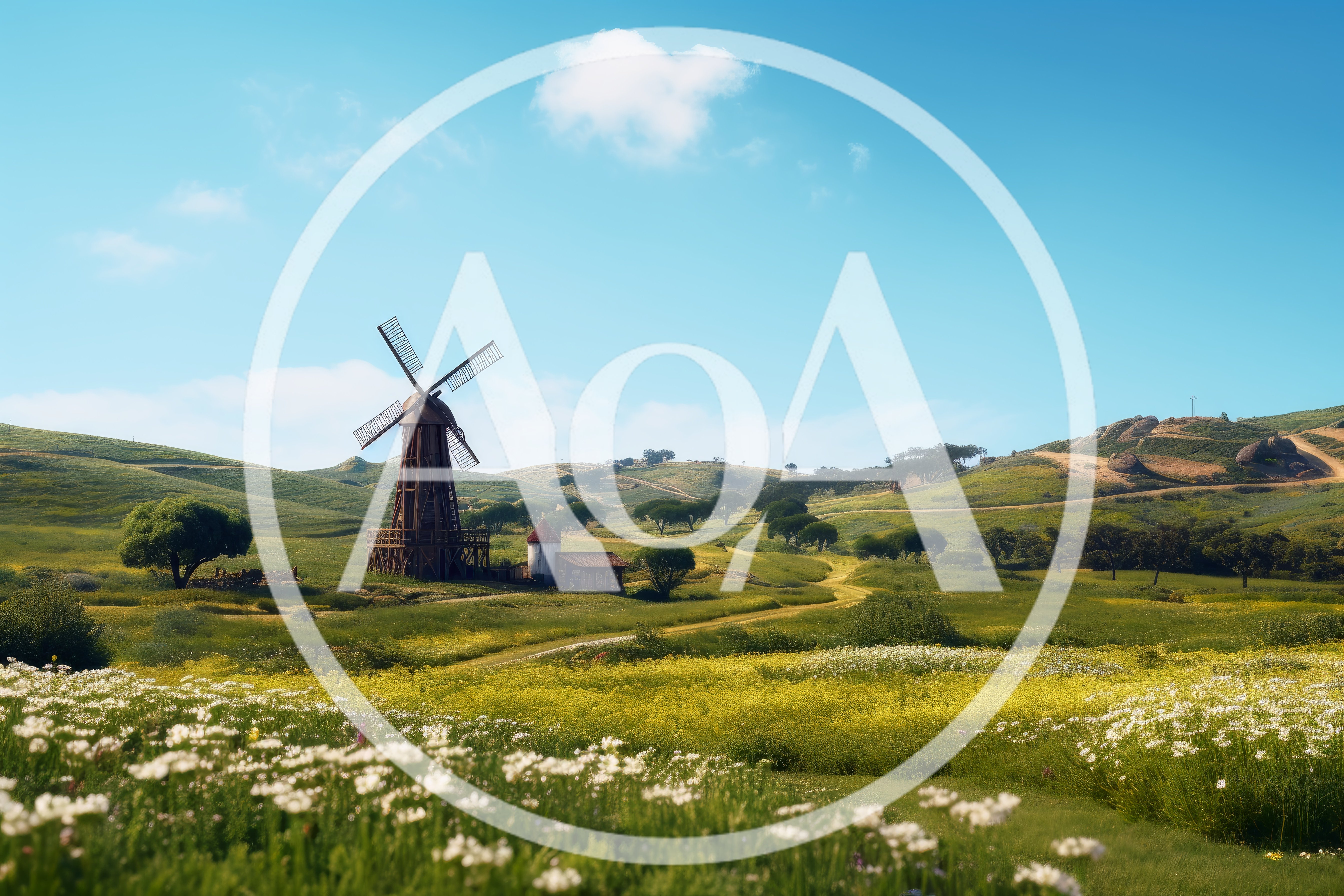 Old Wooden Windmill In A Rolling Green Meadow