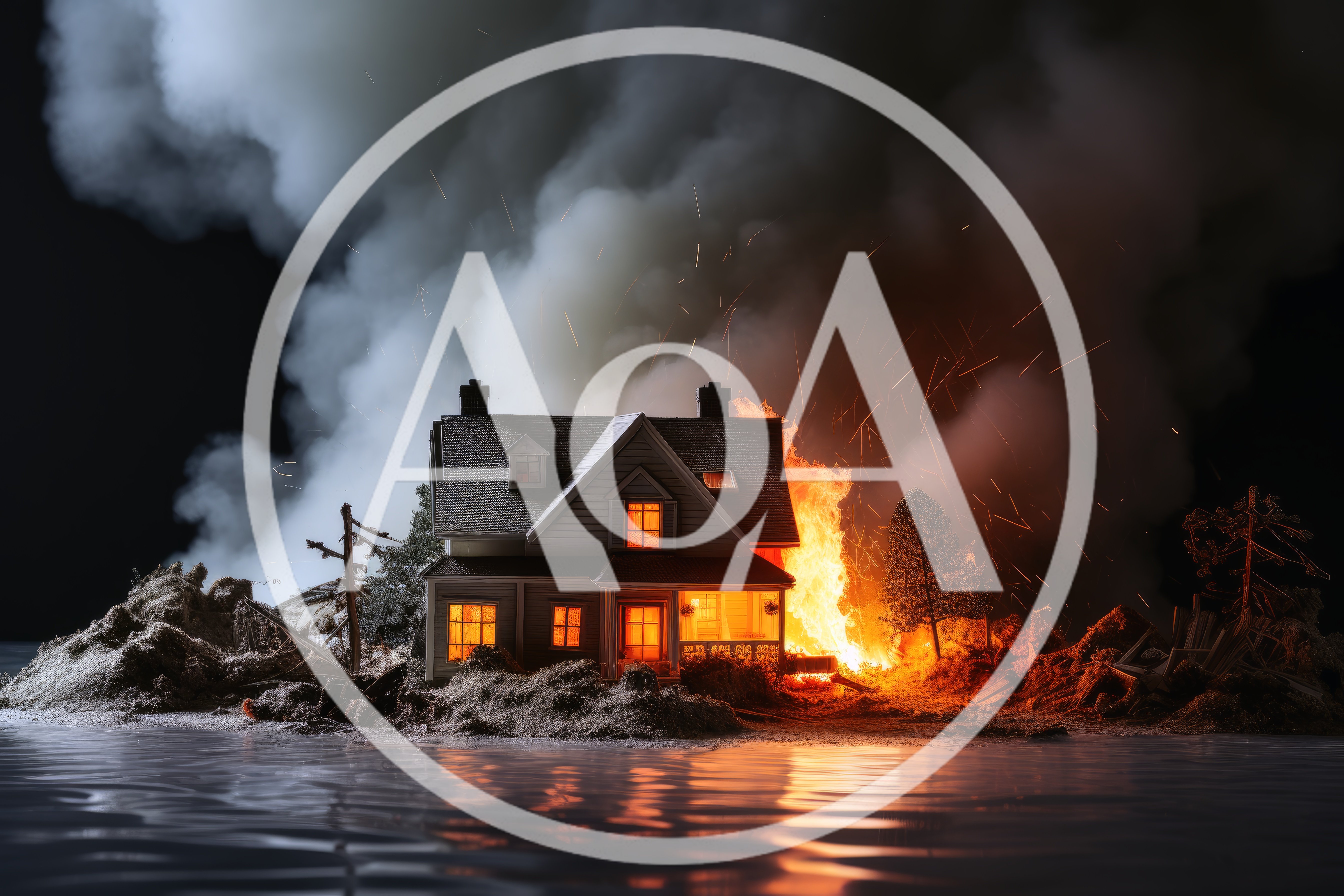 House Burning Down On A Small Island At Night