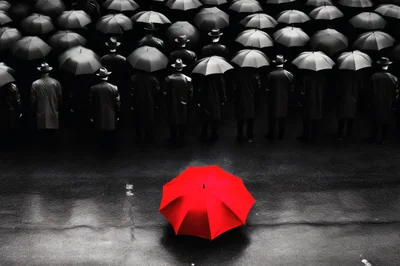 Red Umbrella Standing Out In A Crowd Of Men