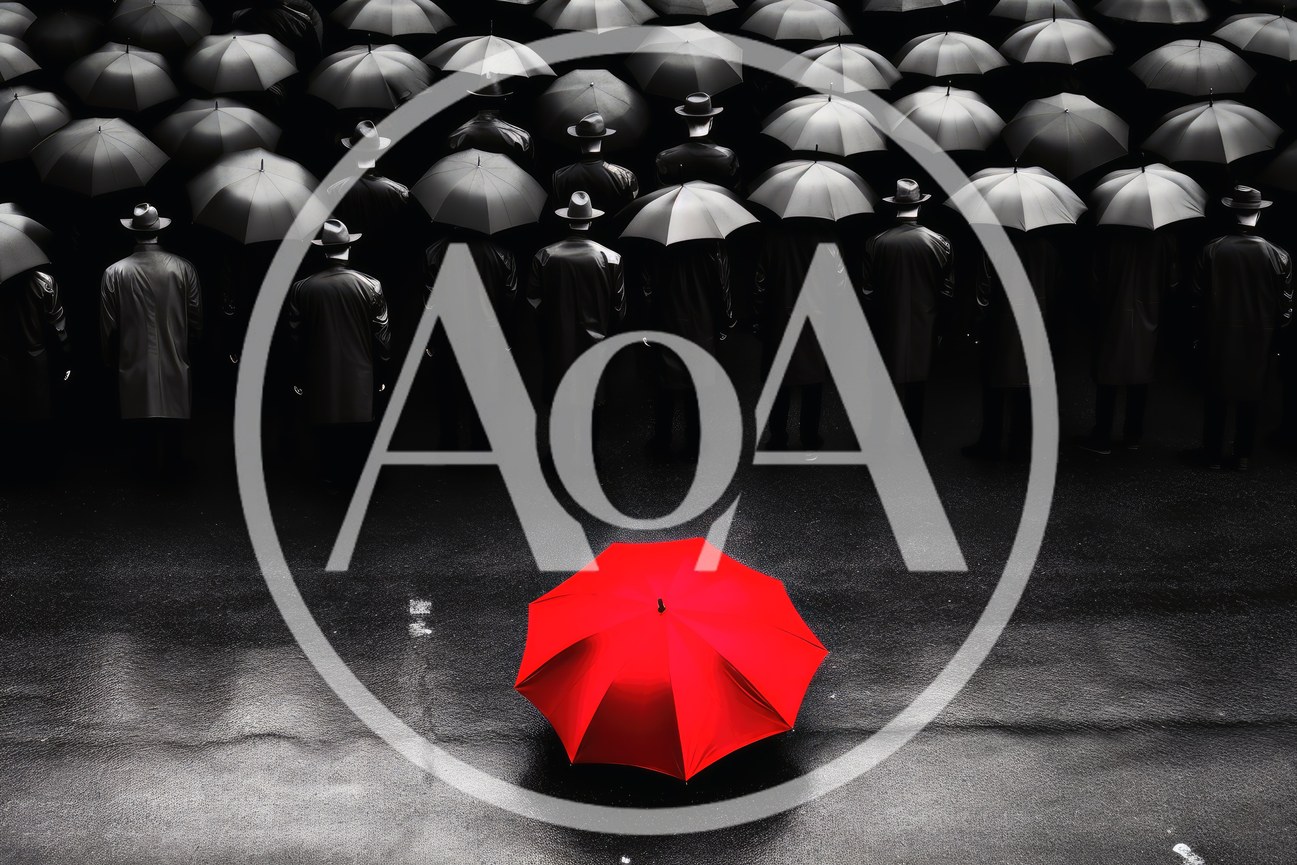 Red Umbrella Standing Out In A Crowd Of Men