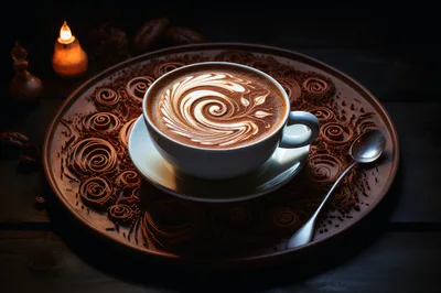 Cup Of Latte With Artistic Foam On Chocolate Tray