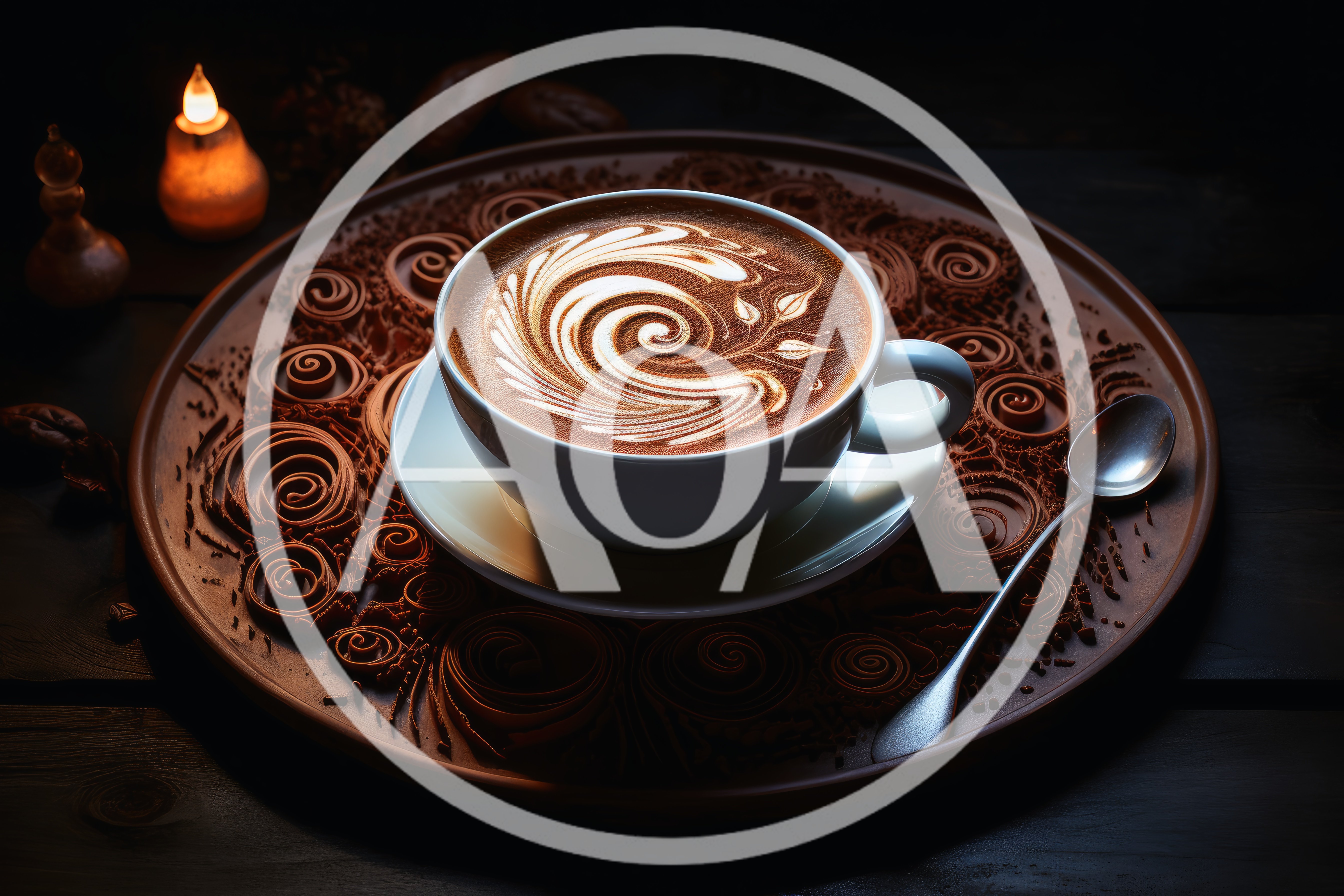 Cup Of Latte With Artistic Foam On Chocolate Tray