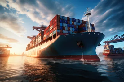 Large Container Ship Docking at Port During Sunset