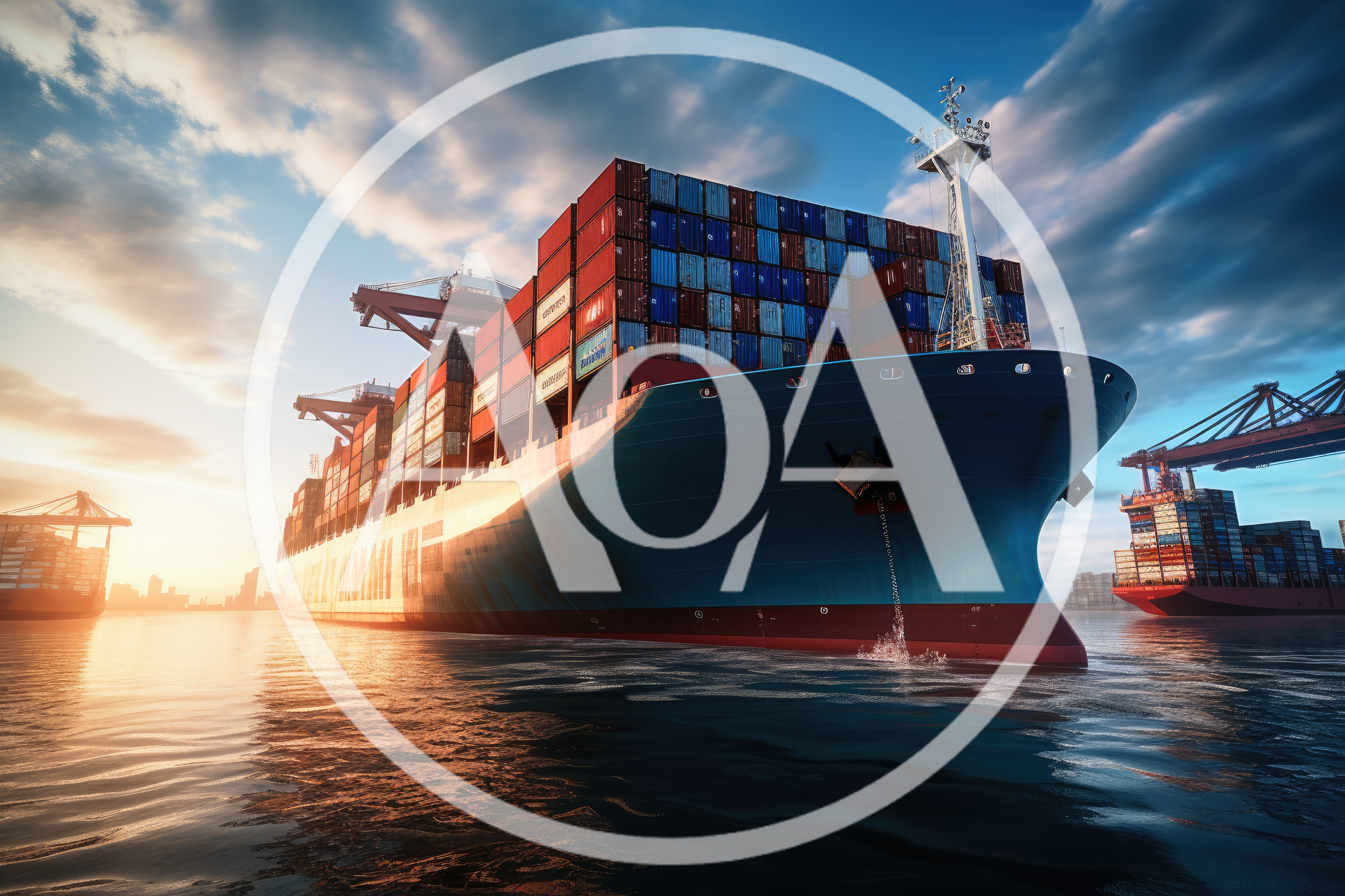 Large Container Ship Docking at Port During Sunset