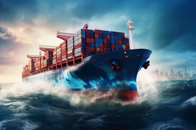 Large Container Ship Sailing Through Rough Ocean Waters