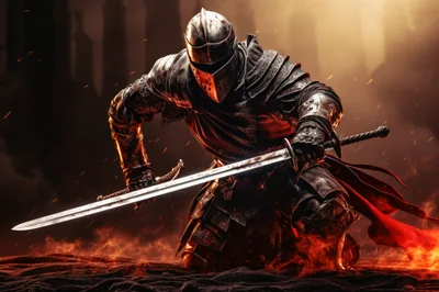 Kneeling Armored Knight Holding A Glowing Sword