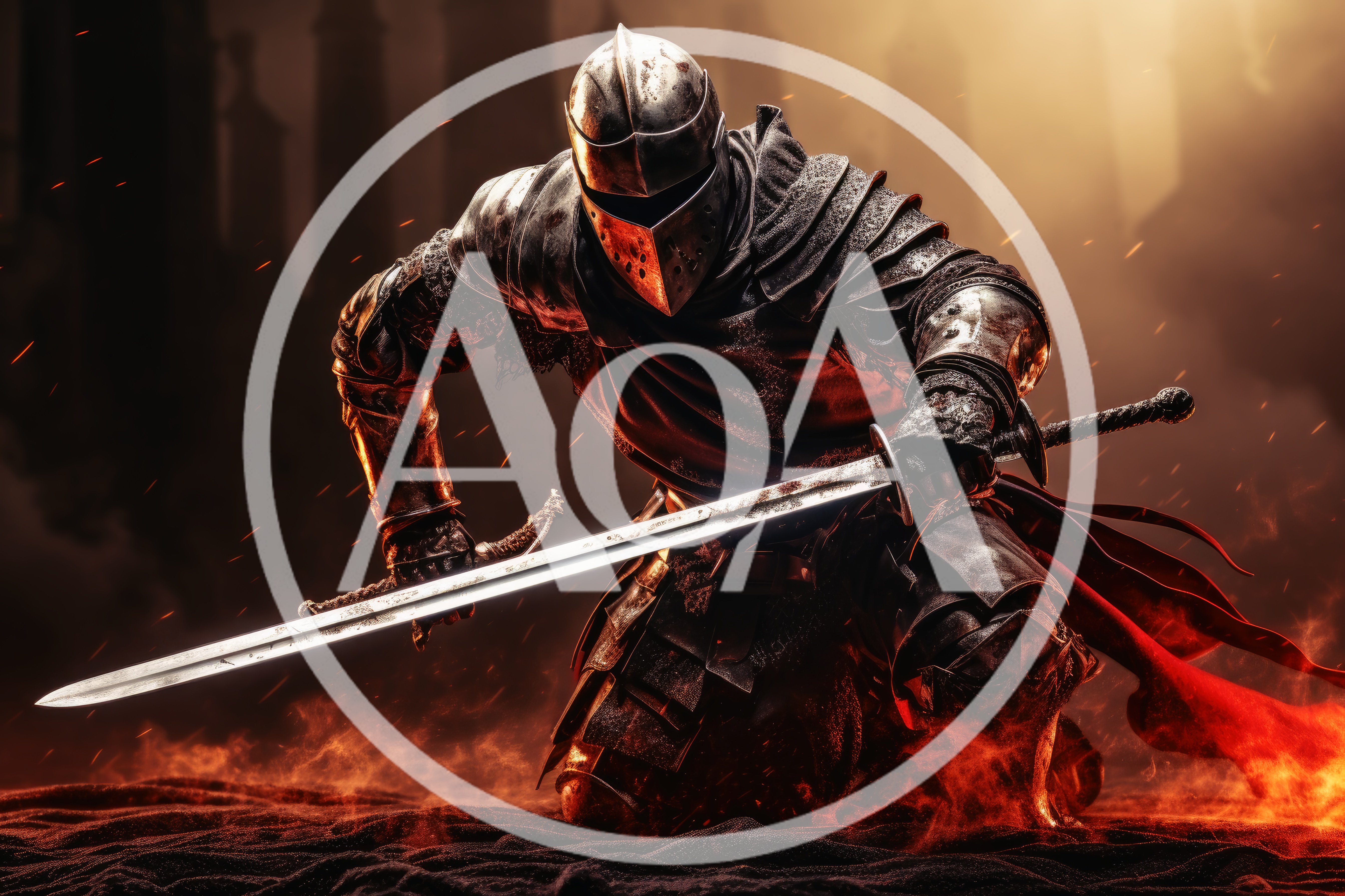 Kneeling Armored Knight Holding A Glowing Sword