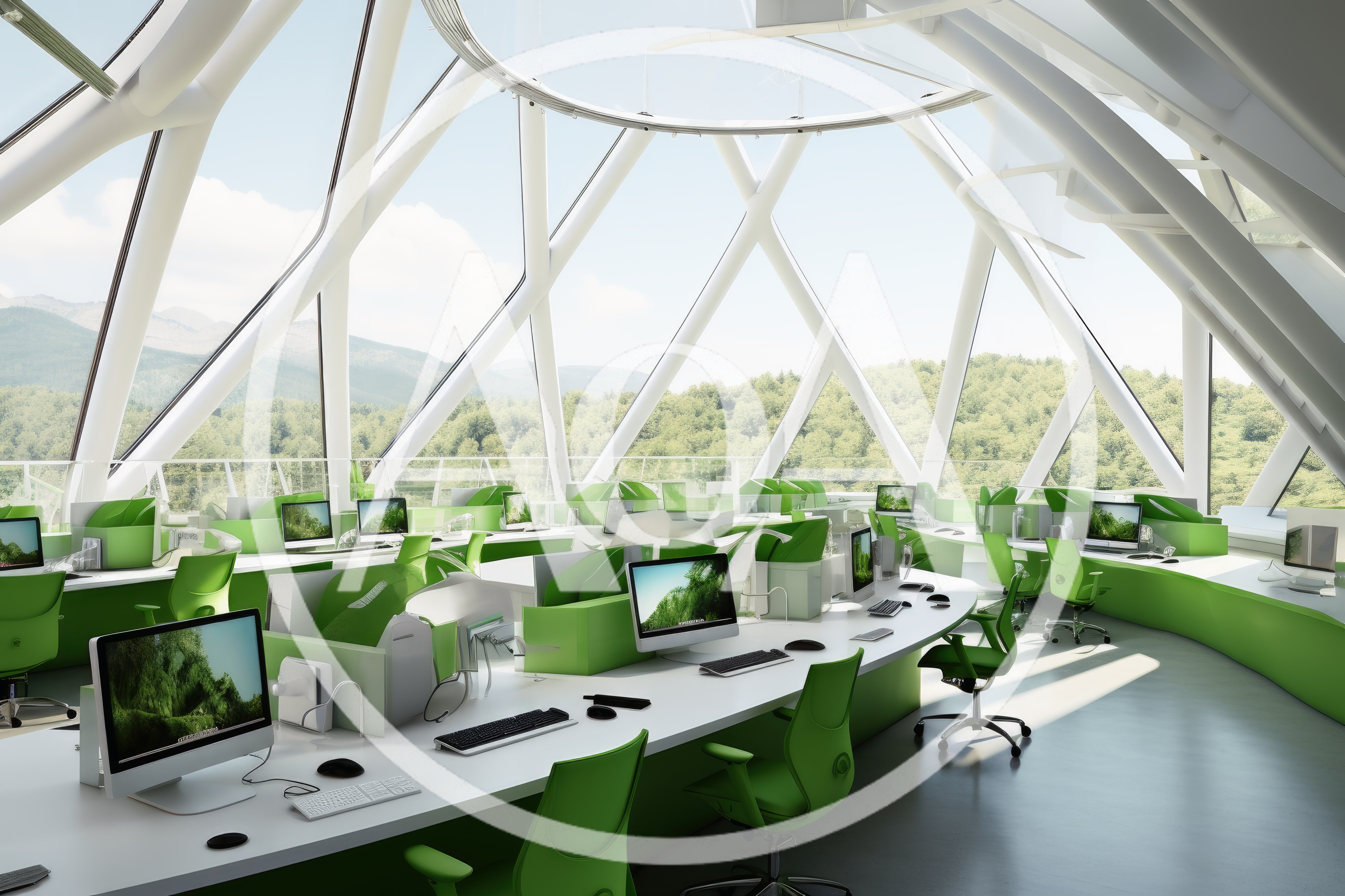 Modern Green Office Interior With Panoramic Mountain Views
