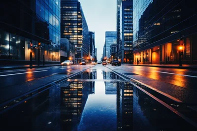 Modern City Street With Reflections In Rain Puddle