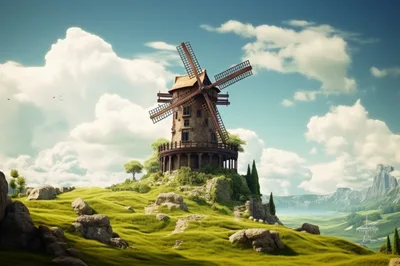 Old Stone Windmill On A Grassy Hillside