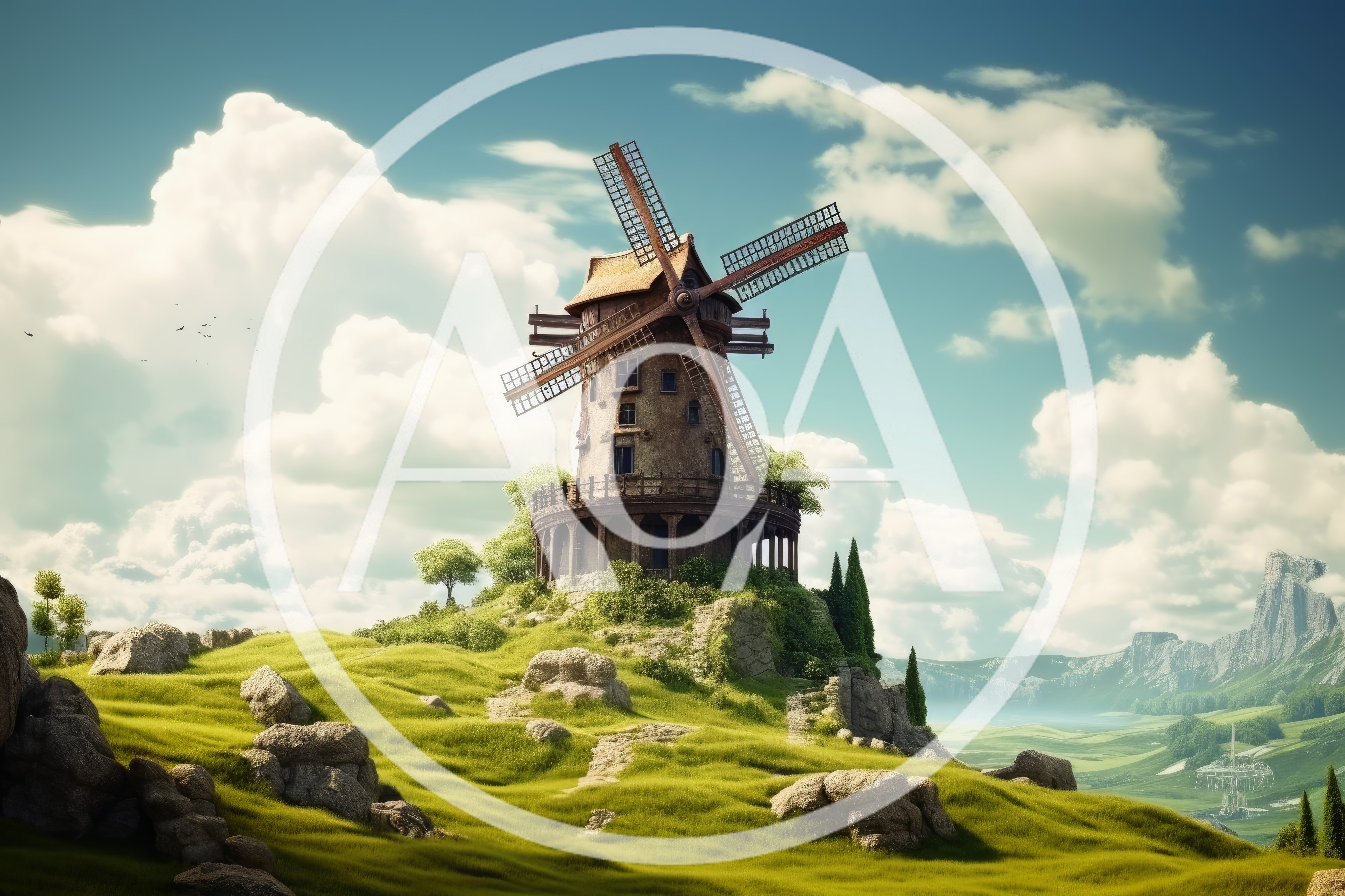 Old Stone Windmill On A Grassy Hillside