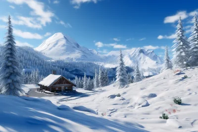 Cozy Wooden Cabin In Snowy Mountain Landscape