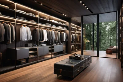 Modern Luxury Walk-In Closet With Forest View