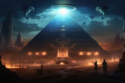Futuristic Alien Pyramid With Hovering Spaceships At Night