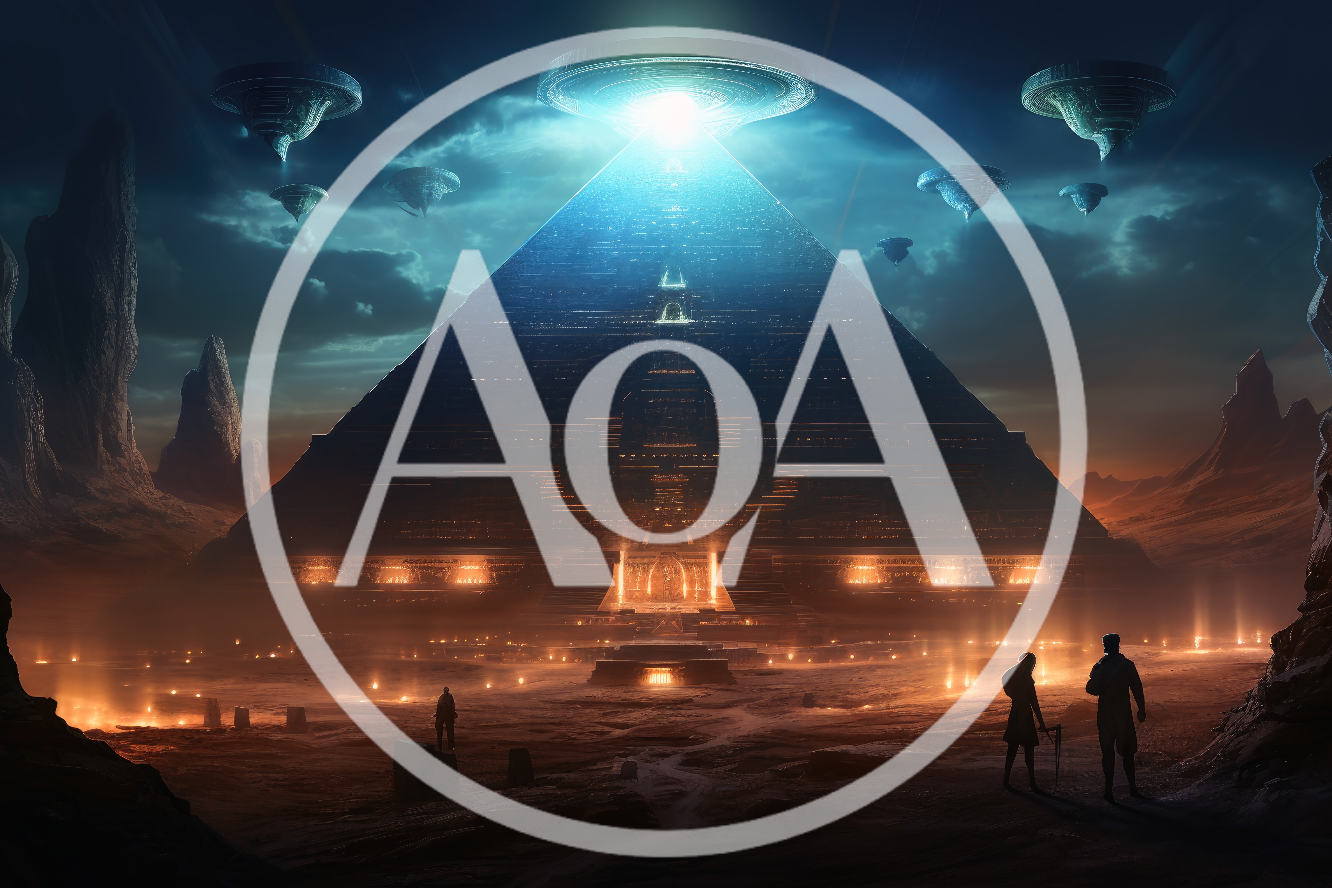 Futuristic Alien Pyramid With Hovering Spaceships At Night