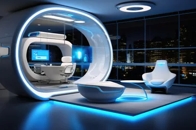 Futuristic Office Interior With Circular Glass Pod