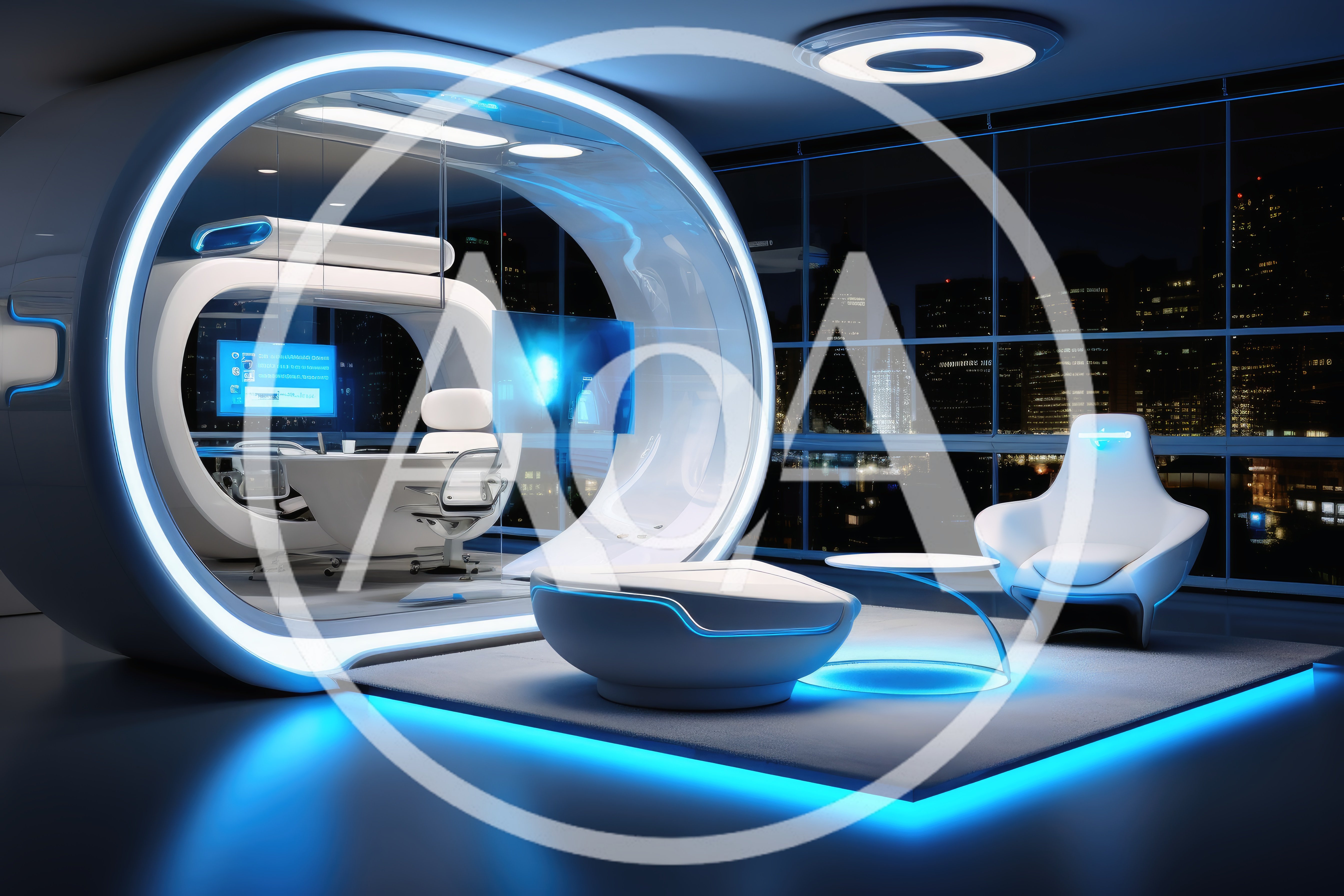 Futuristic Office Interior With Circular Glass Pod