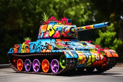 Graffiti Painted Military Tank Decorated With Flowers