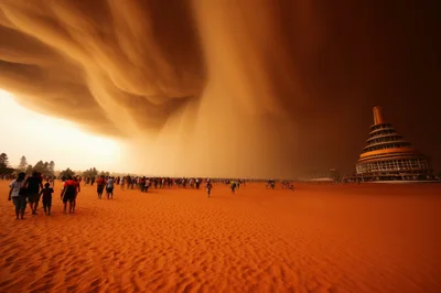 People Walking Across Vast Desert Under Dramatic Storm Clouds