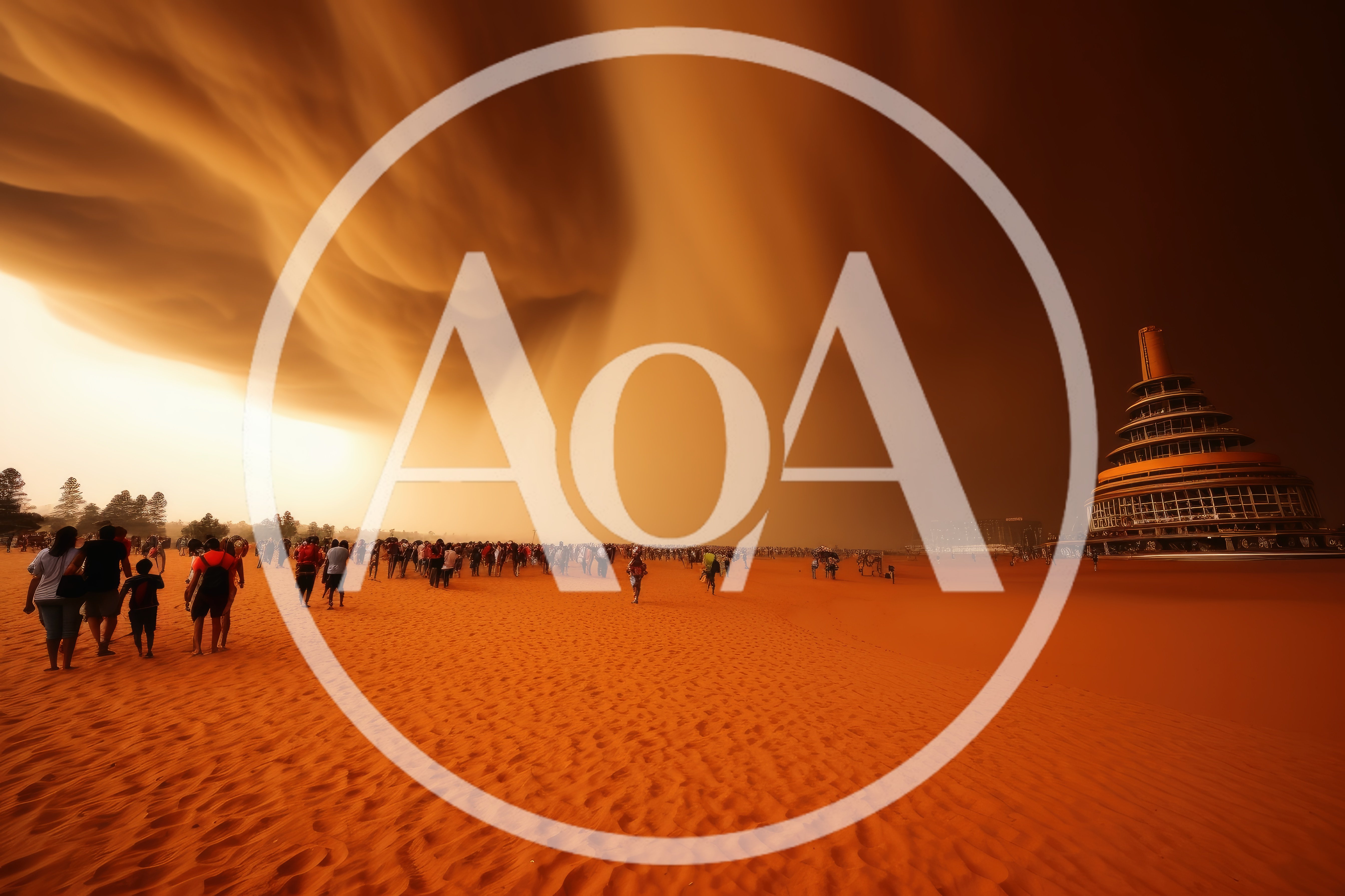 People Walking Across Vast Desert Under Dramatic Storm Clouds